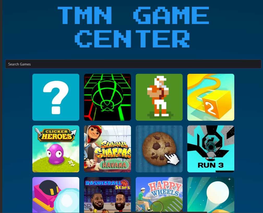 screenshot of a games website with light blue text on a dark blue background and many games