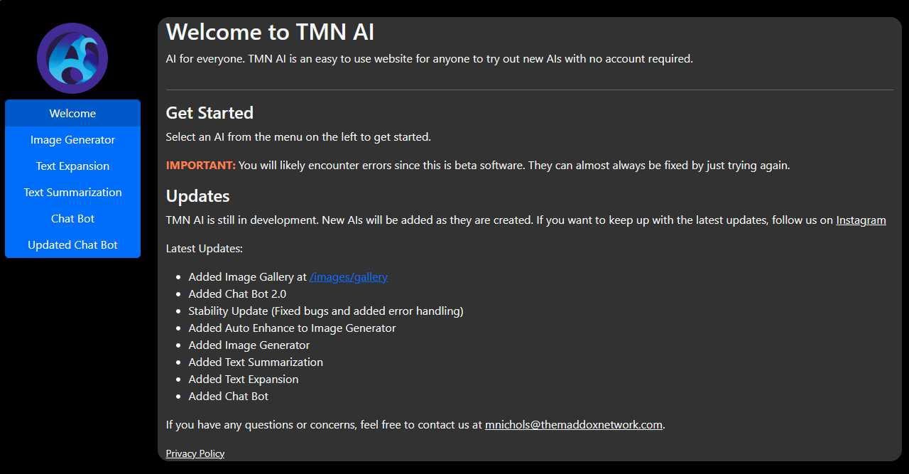 Website with many buttons on the side for different apps and text in the middle